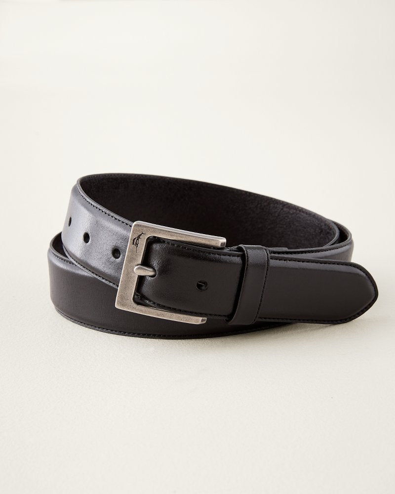 Feather-Edge Inlaid Logo Leather Belt - Black