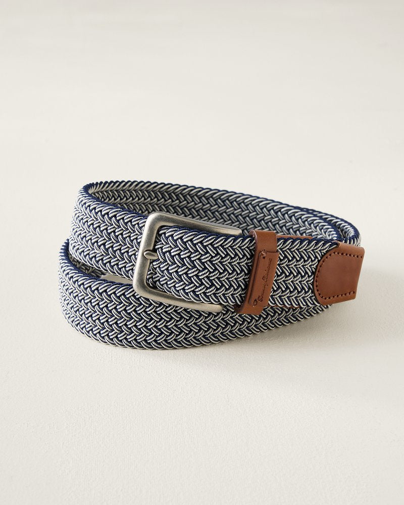 Tan Stretch Webbed Belt With Tabs - Navy/Tan