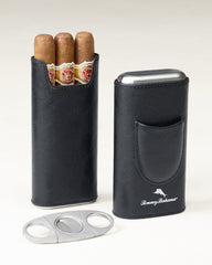 Ashton 3-Cigar Leather Case With Cutter - Black