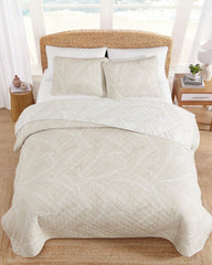 Pebble Palms Reversible 3-Piece Full/Queen Quilt Set - White/Lt Beige