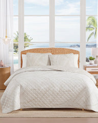 Pebble Palms Reversible 3-Piece Full/Queen Quilt Set - White/Lt Beige