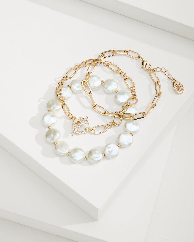 Rose Coast Link & Pearl Bracelet Set - Gold