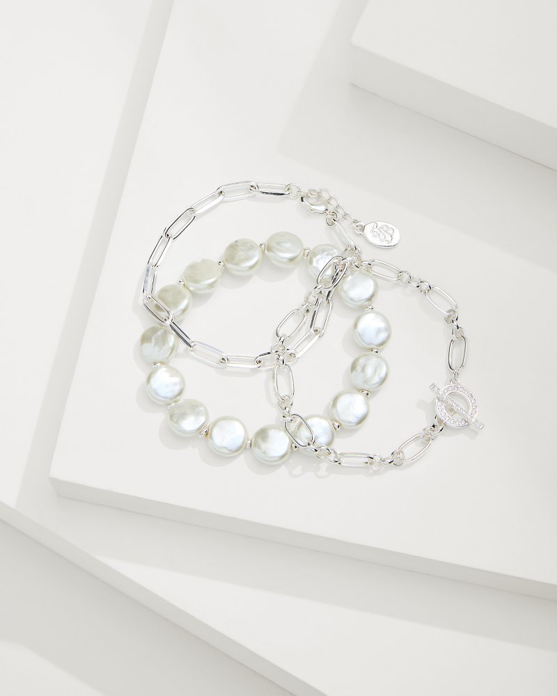 Silver Coast Link & Pearl Bracelet Set - Silver