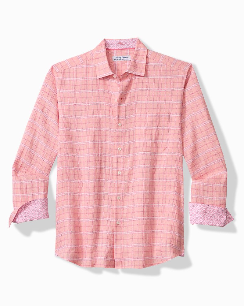 Big & Tall Barbados Breeze Playa Plaid Stretch-Linen Shirt - Bright Peach