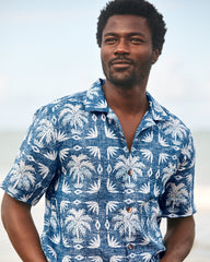 Big & Tall Palm Press Linen Camp Shirt - Cobalt Sea