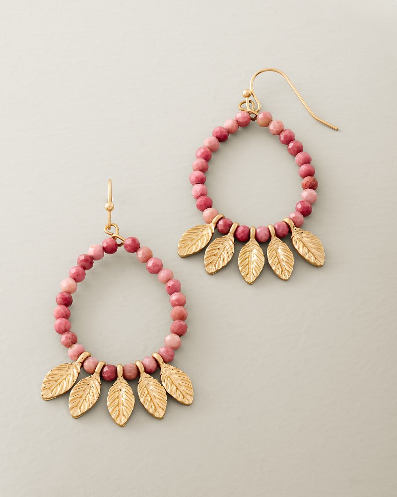 Flora Palms Leaf Drop Hoop Earrings - Pink Multi