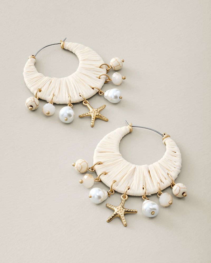 Coastal Fronds Beaded Raffia Hoop Earrings - Gold