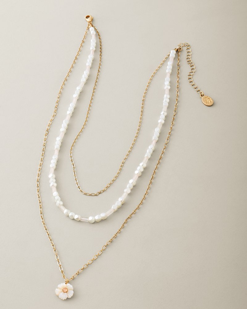 Celestial Sea Mother of Pearl Flower Layered Necklace - Gold