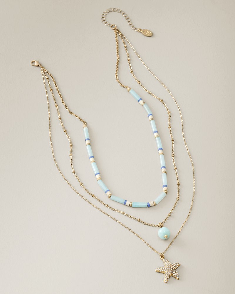 Coastal Fronds Layered Bead Pendant Necklace - Gold