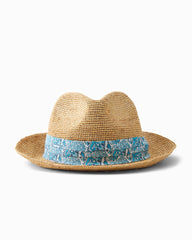 Paisley Band Crochet Raffia Fedora Hat - Natural
