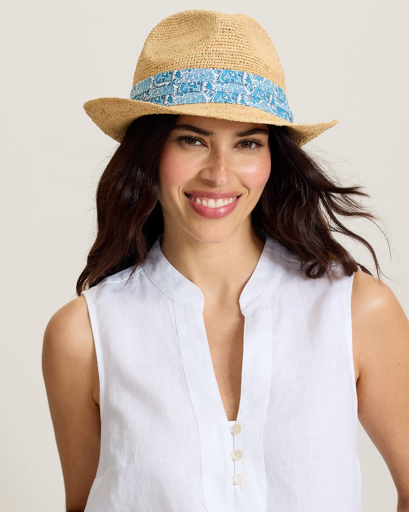 Paisley Band Crochet Raffia Fedora Hat - Natural