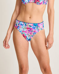 Watercolor Floral Shirred High-Waist Bikini Bottoms - Dusty Lupine