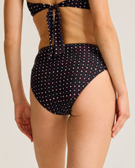 Sunset Blooms Pleated High-Waist Bikini Bottoms - Black
