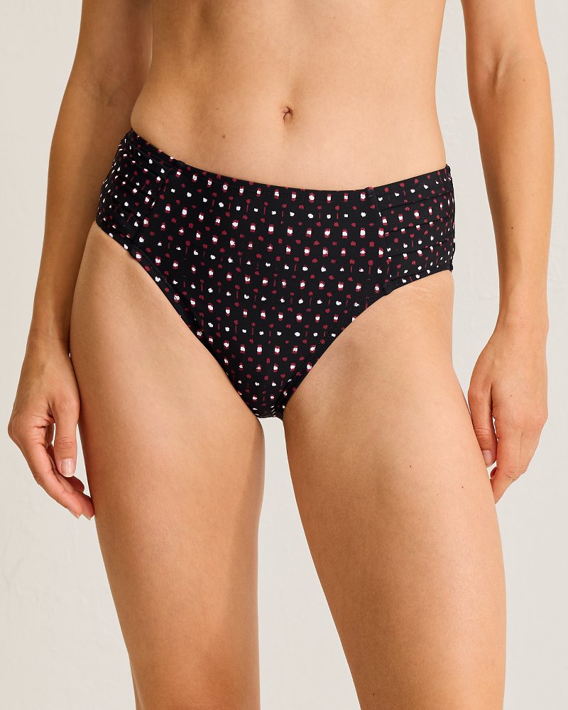 Sunset Blooms Pleated High-Waist Bikini Bottoms - Black