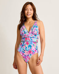Watercolor Floral V-Neck One-Piece Swimsuit - Dusty Lupine