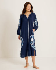 Mykonos Gauze Embroidered Beach Duster - Mare Navy