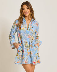 Ginger Flowers Eyelet Boyfriend Beach Shirt - Seabank Sky