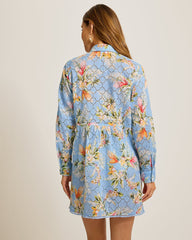 Ginger Flowers Eyelet Boyfriend Beach Shirt - Seabank Sky
