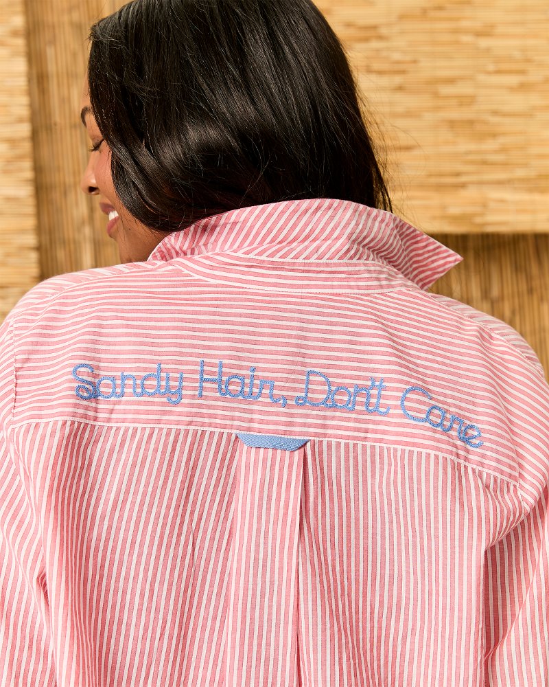 Sandy Hair, Don't Care Boyfriend Beach Shirt - Citrus Coral