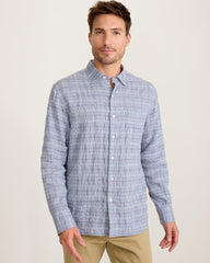 Barbados Breeze Playa Plaid Stretch-Linen Shirt - Raincloud