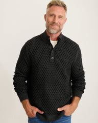 Cross Cable Button-Neck Sweater - Black