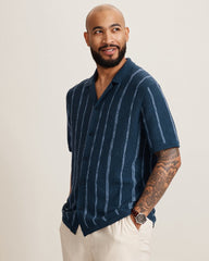 San Clemente Stripe Cotton-Blend Camp Shirt - Dress Blues