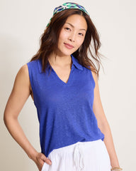 Linnea Johnny Collar Linen Tank Top - Bold Blue