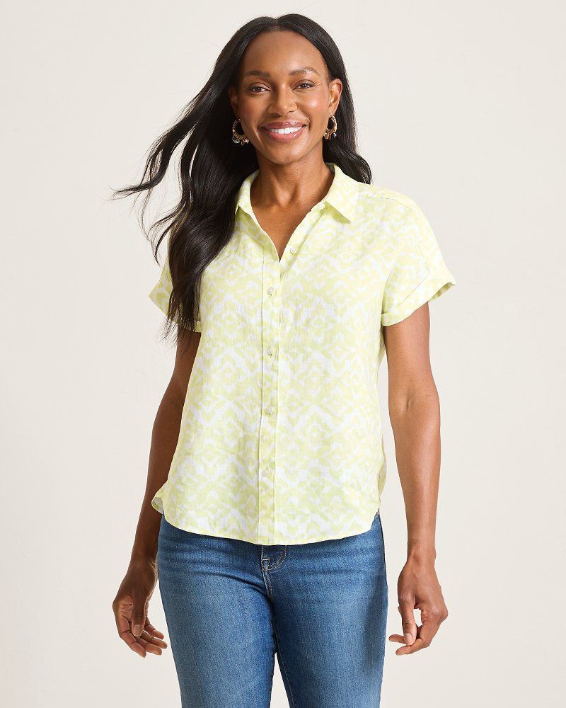 Coastalina Linen Coastal Tiles Camp Shirt - Lettuce Green