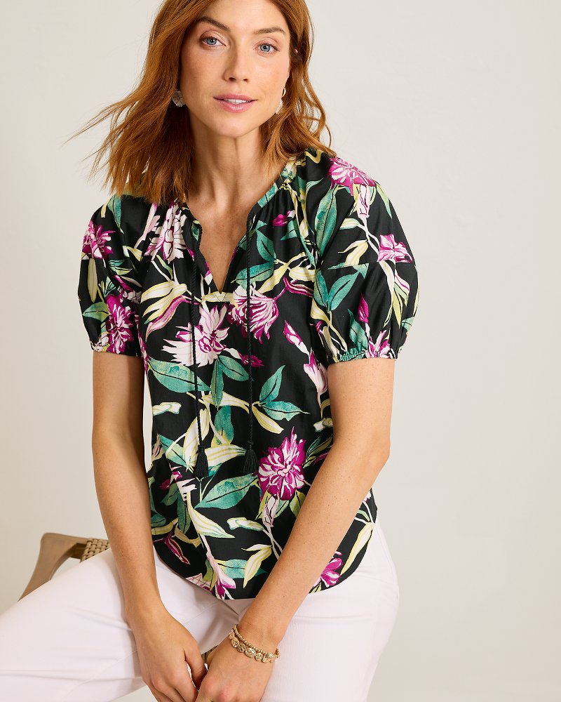 Twilight Bloom Puff-Sleeve Poplin Top - Black