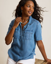 Chambray O'Lei Linen-Blend Utility Popover Shirt - Med Indigo Wash