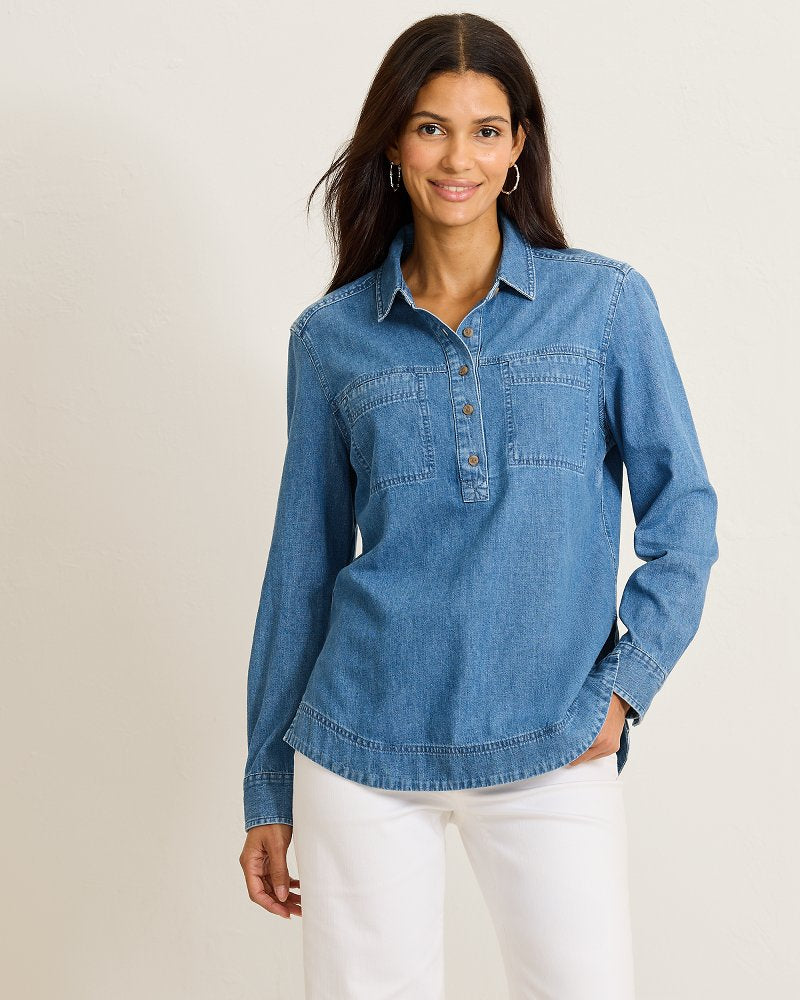 Cross Hatch Denim Boyfriend Popover Top - Indigo Oasis Wash