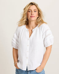Island Gauze Trim Puff-Sleeve Top - White
