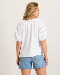 Island Gauze Trim Puff-Sleeve Top - White