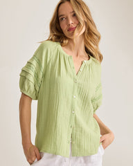 Island Gauze Trim Puff-Sleeve Top - Light Rosemary
