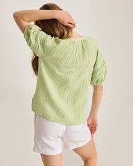 Island Gauze Trim Puff-Sleeve Top - Light Rosemary