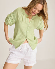 Island Gauze Trim Puff-Sleeve Top - Light Rosemary