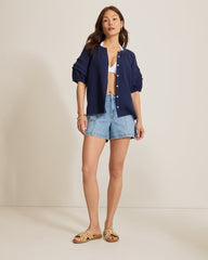 Island Gauze Trim Puff-Sleeve Top - Coastline