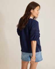 Island Gauze Trim Puff-Sleeve Top - Coastline