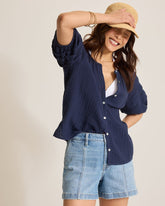 Island Gauze Trim Puff-Sleeve Top - Coastline