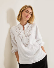Coastalina Linen Floral Eyelet Blouse - White
