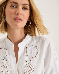 Coastalina Linen Floral Eyelet Blouse - White