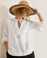 Coastalina Linen Floral Eyelet Blouse - White