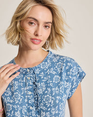 Chambray O'Lei Bahia Blooms Linen-Blend Ruffle Top - Med Indigo Wash