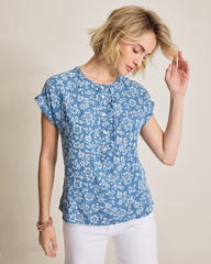 Chambray O'Lei Bahia Blooms Linen-Blend Ruffle Top - Med Indigo Wash
