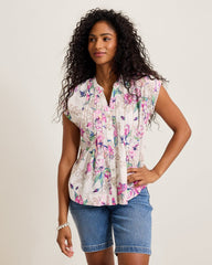 Voile Voyage Floral Gardens Cross-Stitch Blouse - White