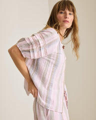 Island Gauze Stripe Puff-Sleeve Top - Cyber Light