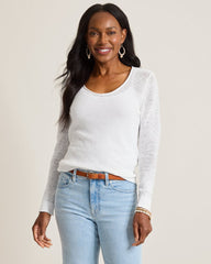 Cedar Linen Long-Sleeve V-Neck Sweater - White