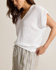 Lakes Edge Linen-Blend V-Neck Sweater Top - White