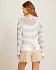 Cedar Linen Stripe Bateau-Neck Sweater - White