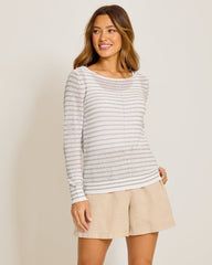Cedar Linen Stripe Bateau-Neck Sweater - White